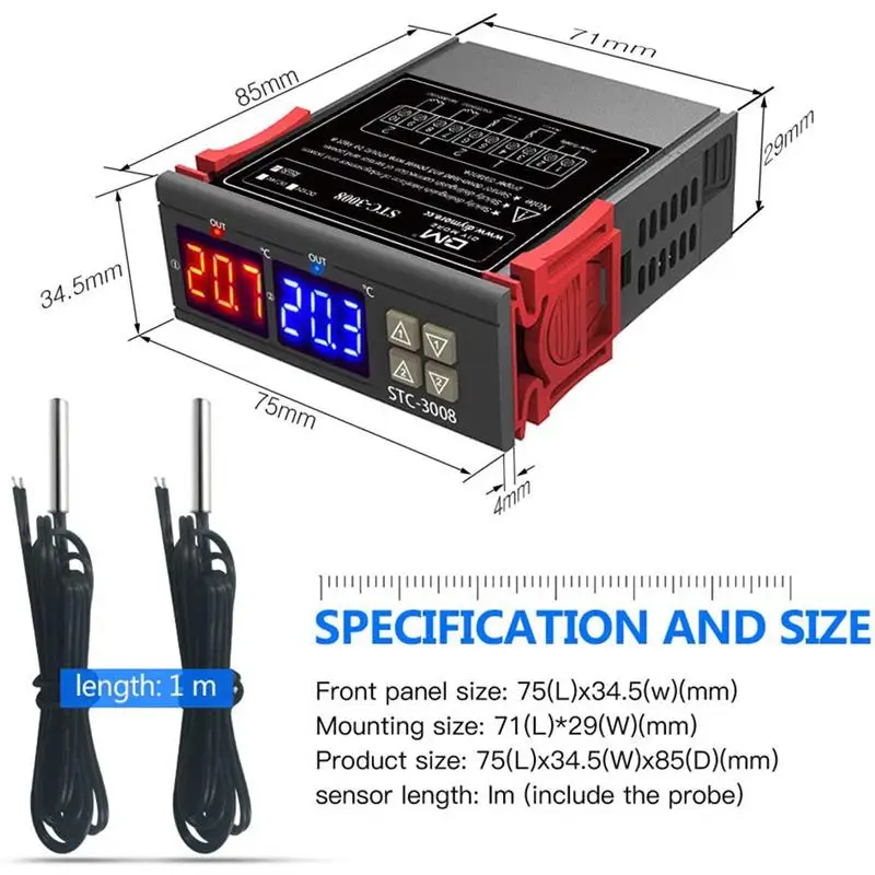 

STC-3008 Dual Digital Incubator Thermostat Temperature Controller Two Relay Output Thermoregulator 10A Heating Cooling