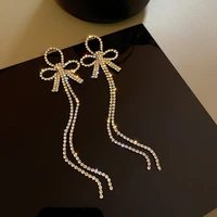 s925 silver needle fashion simple personality metal earrings full diamond bow tassel web celebrity design earrings