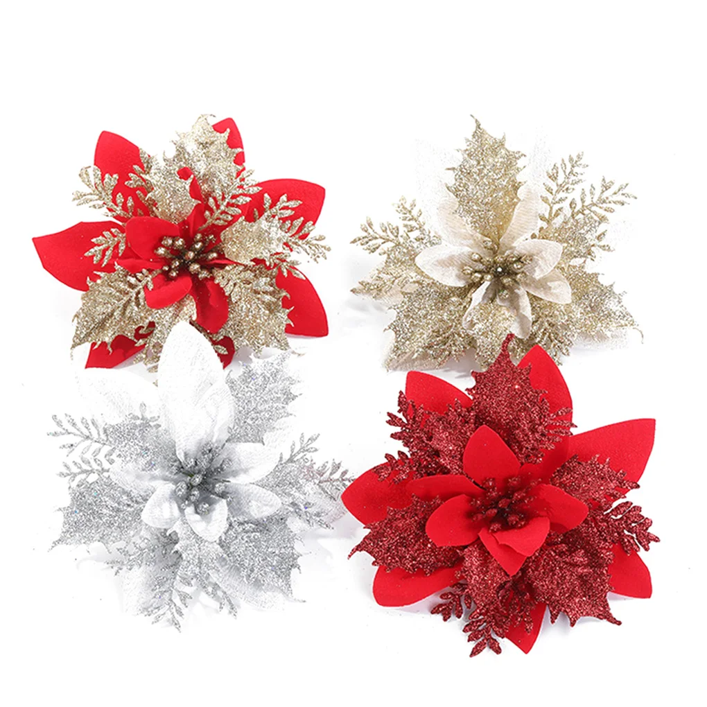 

10pcs Christmas Artificial Flower Glitter Powder Xmas Tree DIY Ornaments Fake Flower Navidad New Year Decorations Home Party