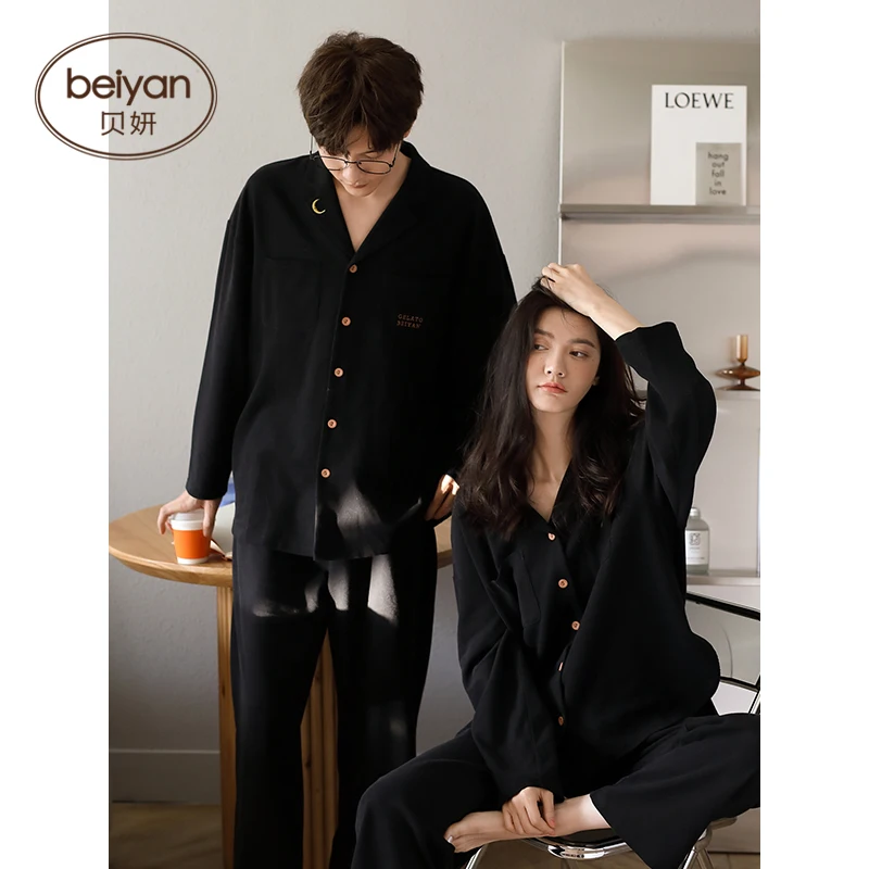 Couple Pajamas Women's Spring and Autumn Cotton Long-Sleeved Fashion Polo Collar Home Wear Large Size Men's Black Couple Suit