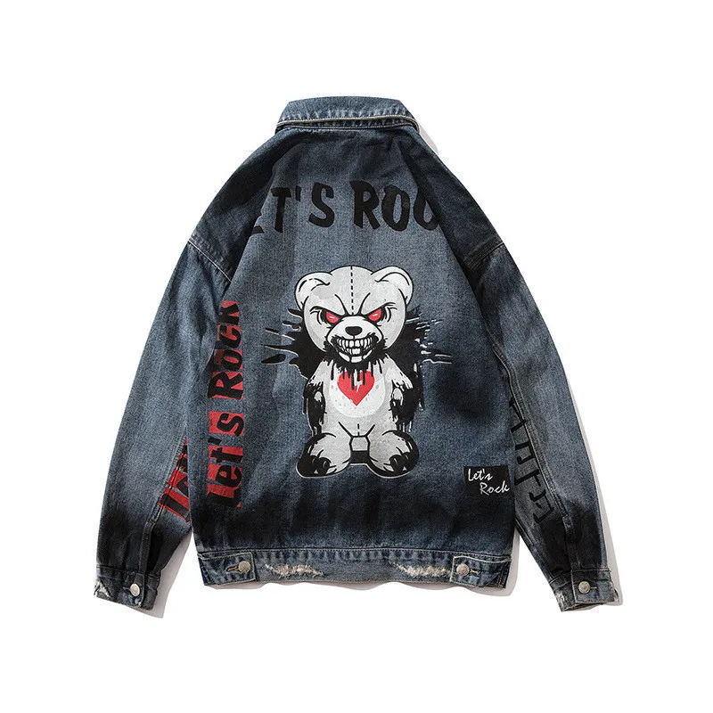 

2021 Graffiti Cartton Bear Jeans Jacekt Men and Women Lapel Washed Retro Oversize Denim Coat Windbreaker Hip Hop Bomber Jacekts
