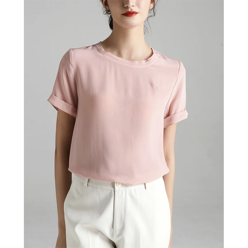 

Embroidered Silk T-shirt Short Sleeve Mulberry Silk Solid Color Inner Small Shirt Top 2021 Women's Fashion Summer New