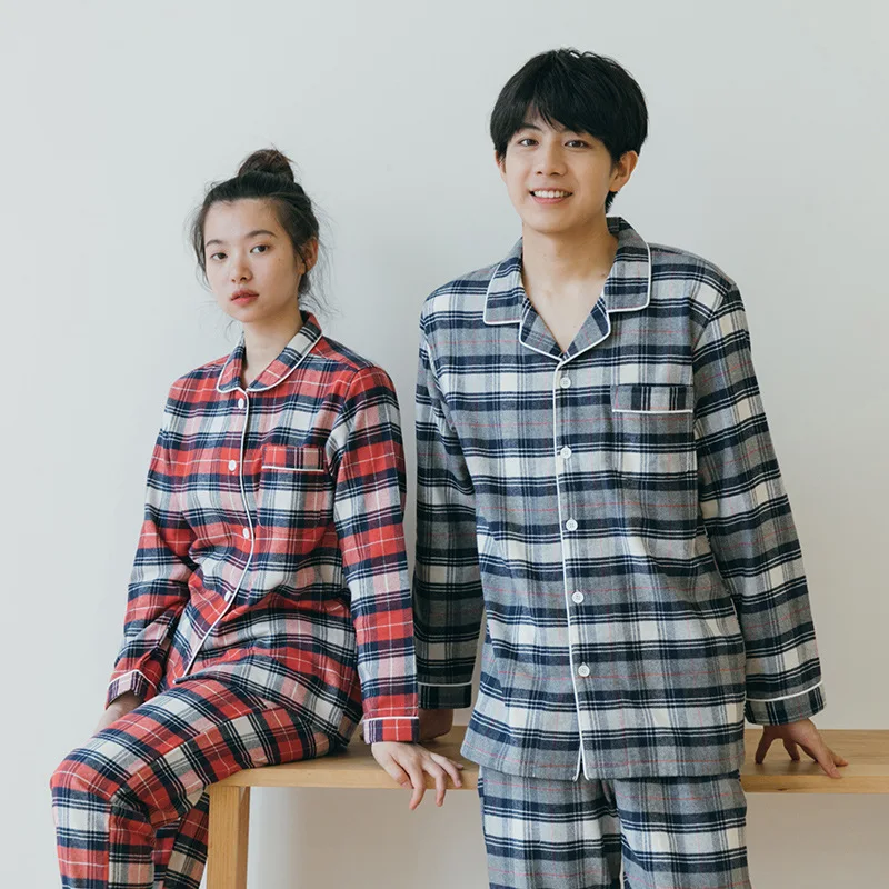 Plaid Couple Pajamas Set 2pcs Cotton Men&ampwomen Sleepwear Sexy Homewear Long Sleeve Shirt&amppants Pocket Home Clothing Nightwear | Женская