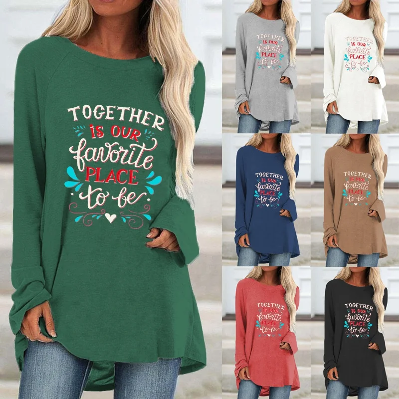 

Женская свободная футболка с круглым вырезом, длинным рукавом и принтом букв