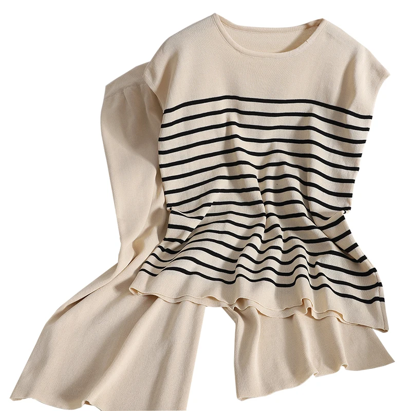

2022 summer color contrast striped pullover sleeveless vest top + = wide-leg pants knitted two-piece women