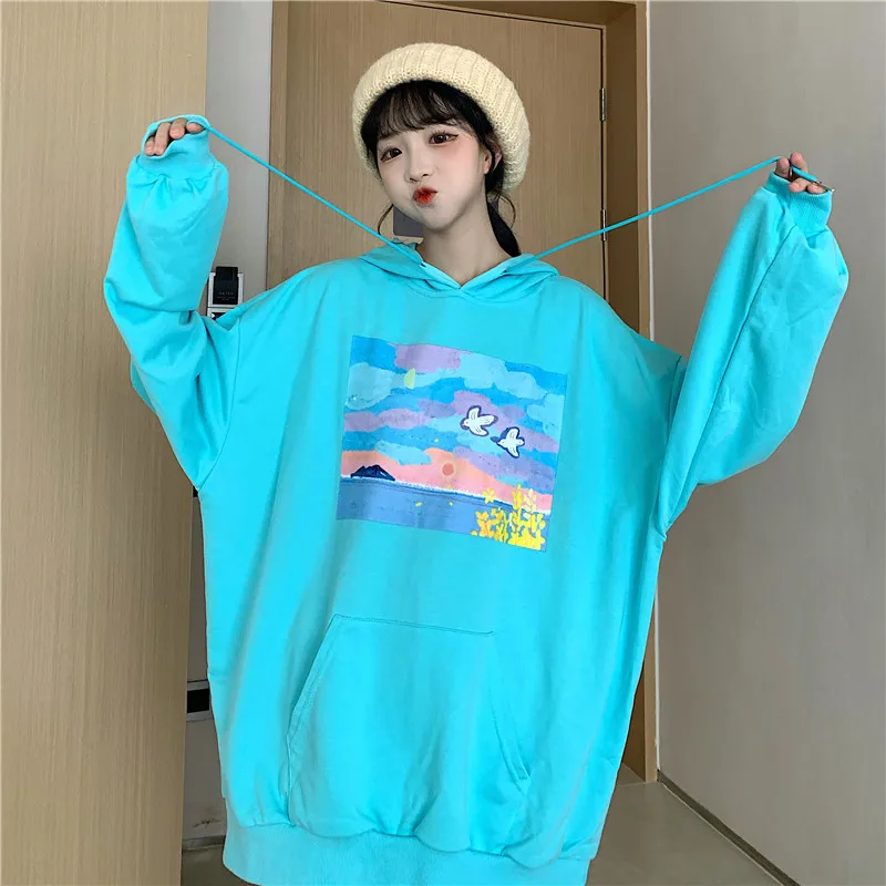 

Oversized Sweatshirt Autumn Hoodies Women Print 2021 Streetwear Ladies clothes Harajuku pullover Pockets Casual Fashion Hoodied