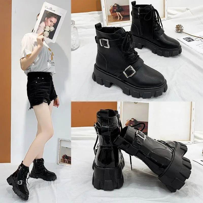 

INS Platform Martens Boot Women Shoes 2021 New Black Leather Ankle Boots Women Punk Shoes Thick Bottom Motorcycle Boots De Mujer