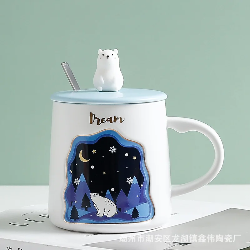 

Кофейная кружка с единорогом, керамическая кружка с крышкой и ложкой, лебедь, медведь, олень, милые животные, рельефная чашка для молока, чая,...