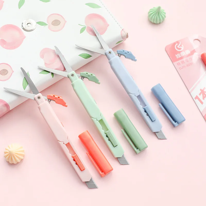 

2 In 1 Color Portable Utility Knife Kawaii Multifunctional Paper Cutter Cutting Paper Scissors for Kids DIY Tools School Supplie