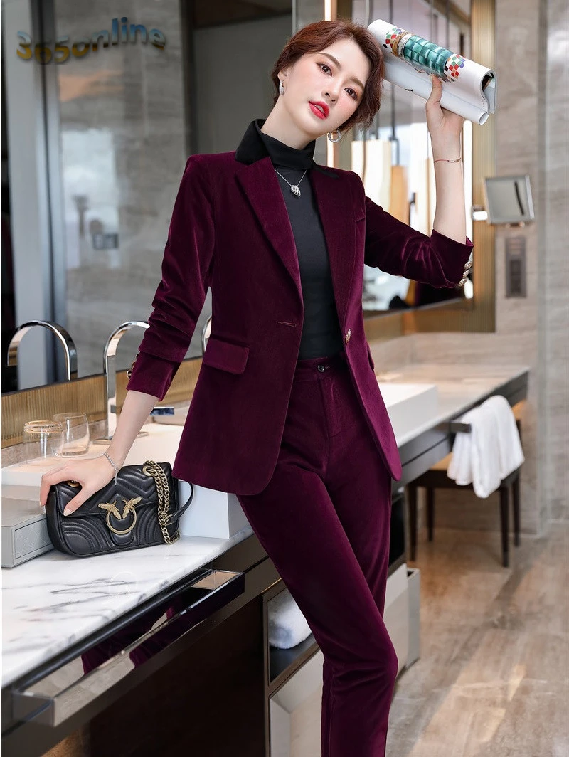 

Formal Uniform Designs Pantsuits High Quality Fabric Velvet Long Sleeve Women Business Suits with Pants and Jackets Blazers Set