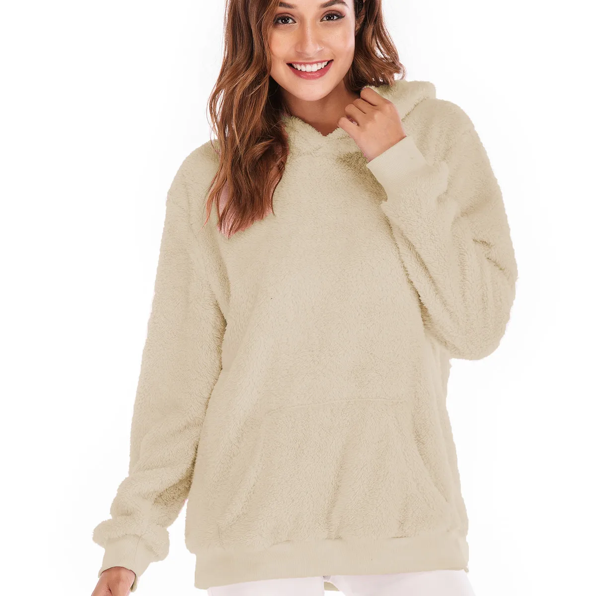 2019 Осень Зима Мода Шерсть Feece негабаритных балахон розовый теплый флис | Женская