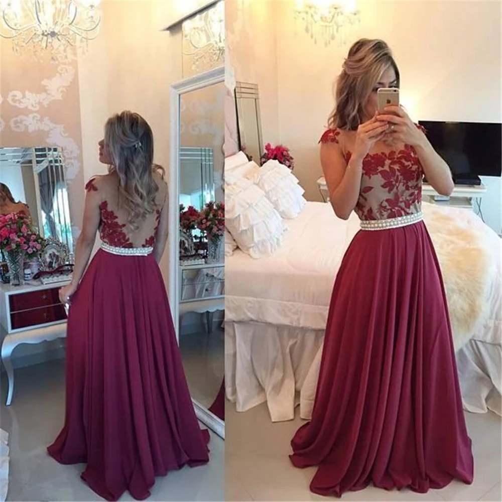 

2021 Burgundy Evening Prom Dresses Long for Women's Chiffon Appliques Beaded Pearls Robe De Soiree Evening Party Prom Dress