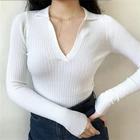 Женская трикотажная рубашка с лацканами, осенняя однотонная Облегающая рубашка-поло с длинным рукавом, эластичный Топ, Женский пуловер, облегающая Базовая рубашка