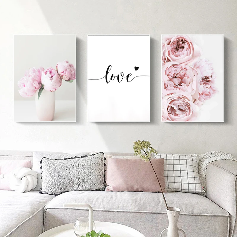 

Pink Peony Poster and Printed Love Wall Art Flower Picture Canvas Painting Nordic Tableau Mural Living Room Home Wall Decoration