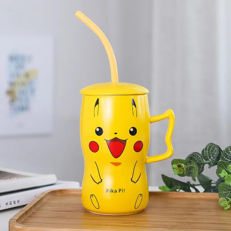 Мультяшная керамическая чашка для чая с соломинкой и крышкой милая пика аниме