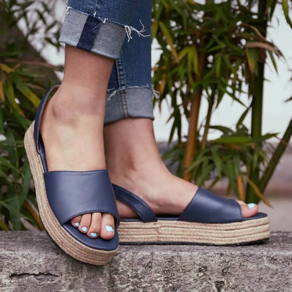 

Ladies Summer Flat Platform Sandals Woven Thick-Bottom Slippers Peep Toe Solid Wedges Women Roman Shoes Sandals Sandalias Mujer