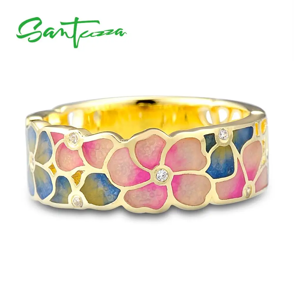 SANTUZZA, серебряное кольцо для женщин, 925 пробы, серебряные, модные кольца для женщин, золотой цвет, кубический цирконий, кольца, вечерние ювелирные изделия, эмаль
