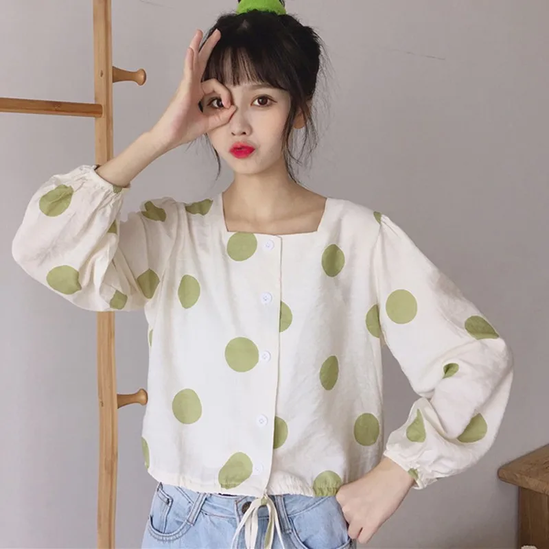 Женская рубашка модная длинный рукав винтажная в горошек блузка Корейская