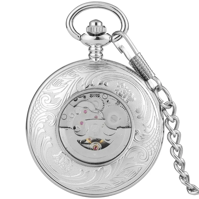 Antique Silver Unisex Pocket Watch Automatic Mechanical Watches for Men Women Roman Number Dial Pendant Clock Luminous Hands