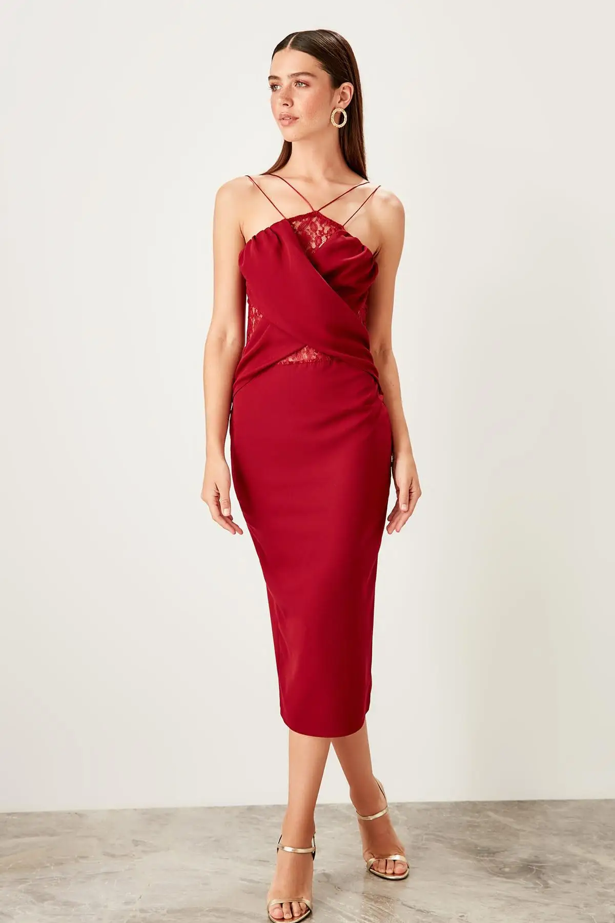 Trendyol бордовые кружевные детали TPRSS19DU0211|Женские платья| |