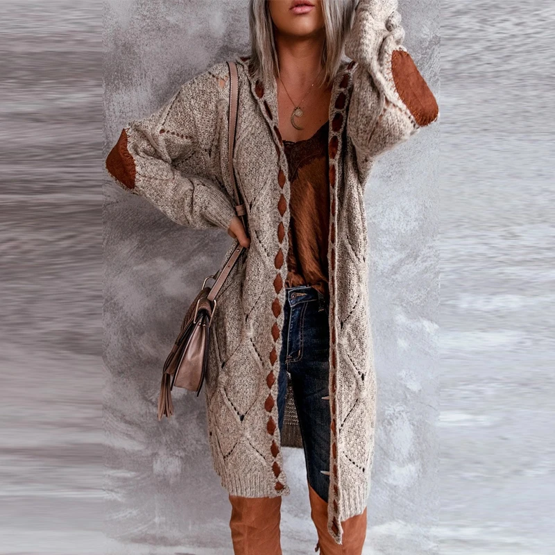 

Autumn Winter Vintage Loose Long Cardigan Sweater Elegant Office Lady Knit Hooded Tops Women Fashion Long Sleeve Hooded Overcoat