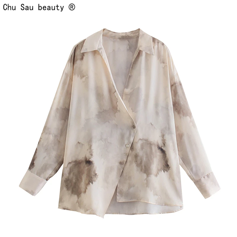 

2021 Autumn New Fashion Elegant Casual Long-Sleeve Ink Print Irregular Oblique Button Loose Lapel Blouse Shirt Women