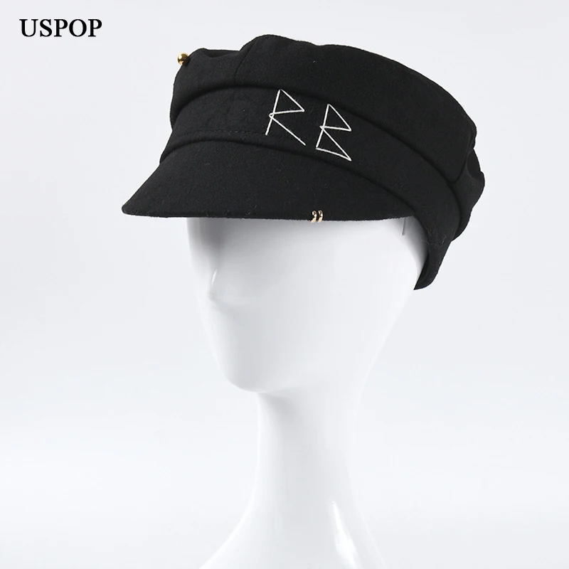 

USPOP 2020, новинка, зимние женские головные уборы, черная Шерстяная кепка газетчика, кепка с буквой Восьмиугольные шляпы