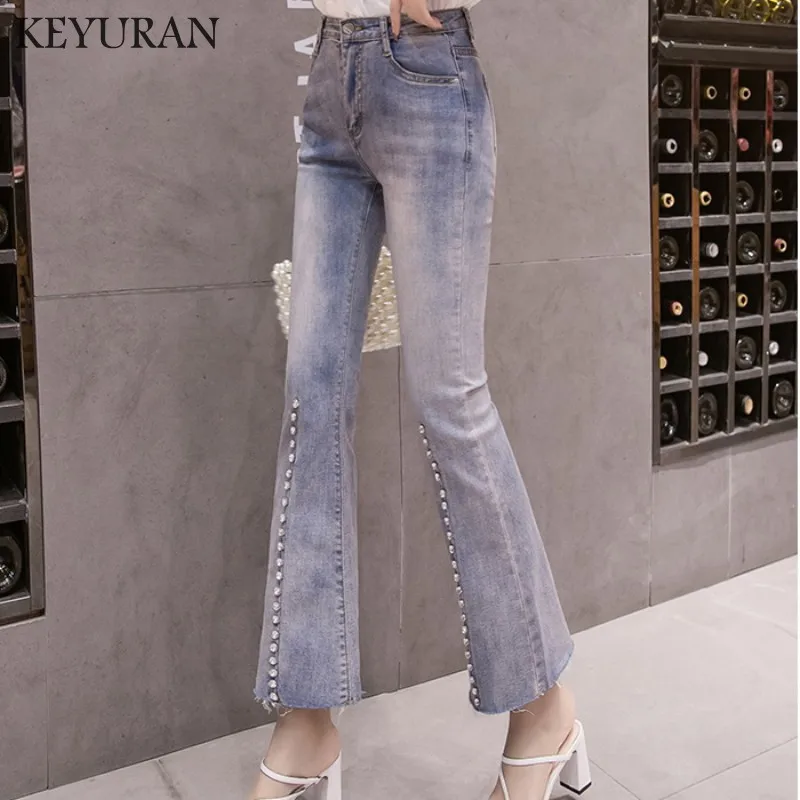 

Denim Pants Women 2022 Autumn Heavy duty hot drilling New Fashion High Waist Trumpet Pants Korean Style Slim Stretch Pearl Jeans