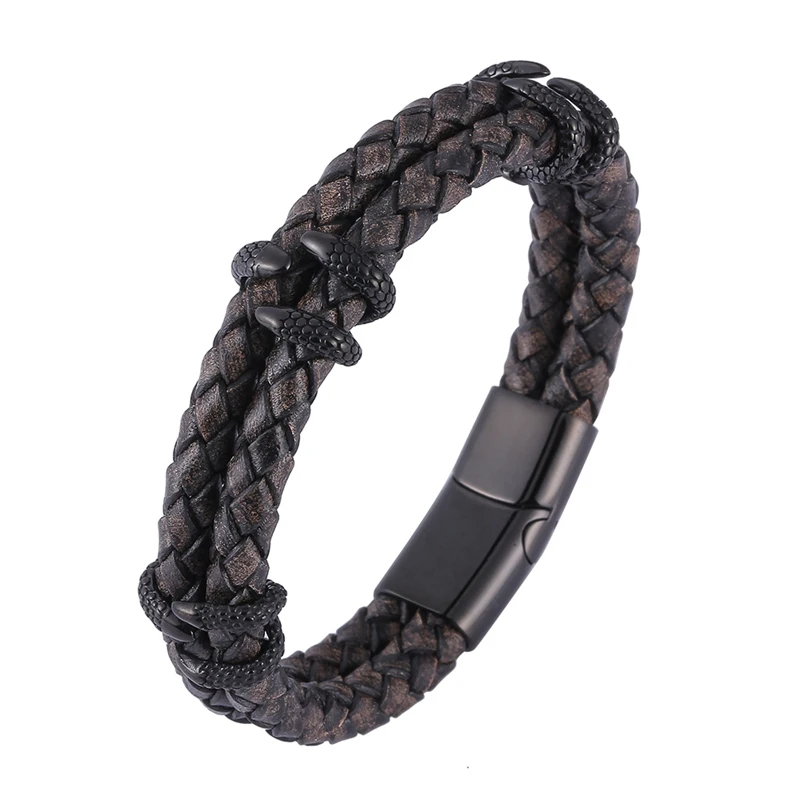 

Fashion Men Bracelet Stainless Steel Braided Rope Bangles Vintage Leather Gold Black Dragon Claw Punk Jewelry Accessories PS1177