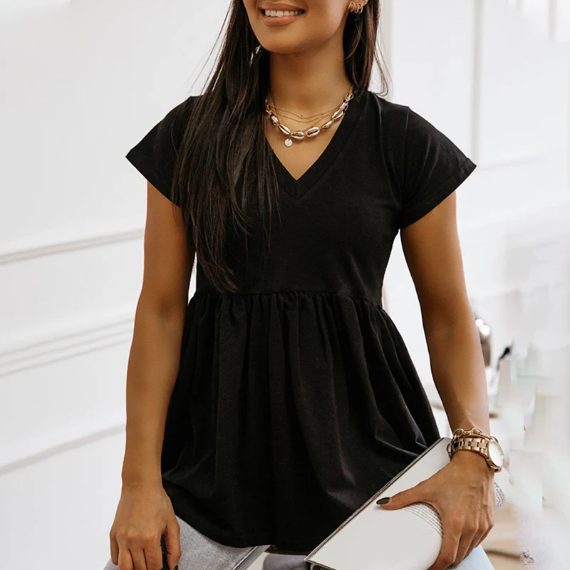 V-образный вырез женская шифоновая блуза с коротким рукавом хлопковые блузки для
