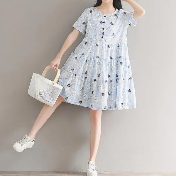 Ori/летнее женское синее платье с оборками хлопковое льняное свободное Vestidos Femininos