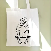 antovo cartoon women shopper bag kawaii line girl print casual canvas bag ladies shopping bag handbag reusable large tote bag
