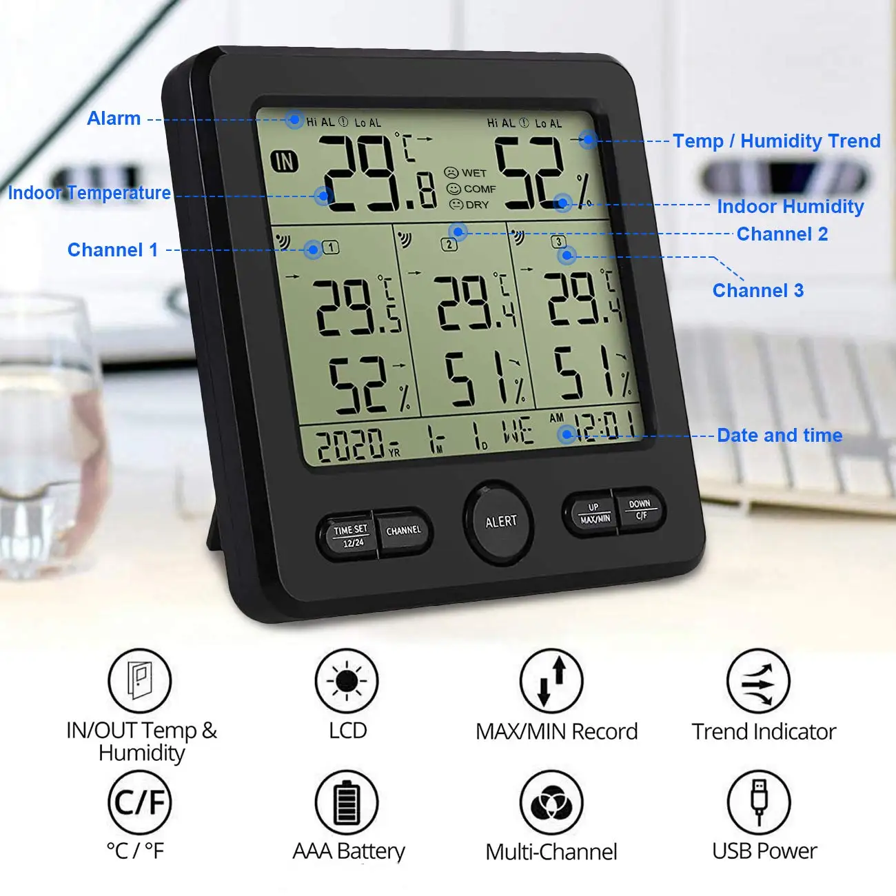Wireless Indoor Thermometer Hygrometer Monitor with 3 Remote Sensors with Alert Clock Calendar for Home Office Greenhouse