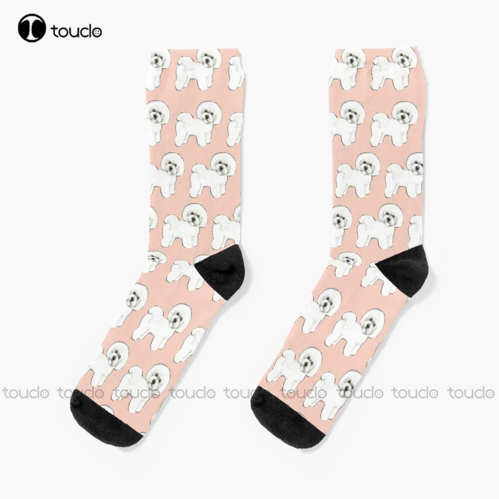 

Bichon Frise Dogs On Peach Socks Mens Novelty Socks Personalized Custom Unisex Adult Teen Youth Socks 360° Digital Print Gift