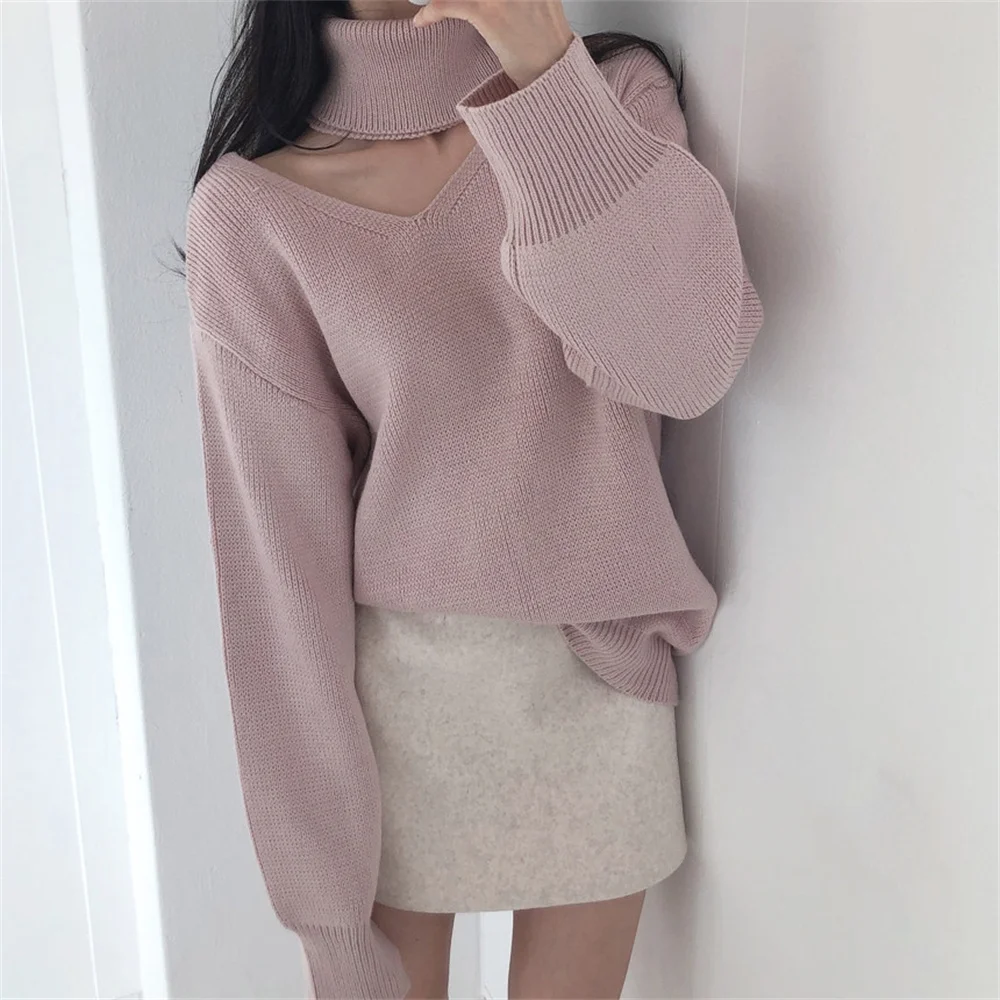 

대한민국 Turtleneck Solid Women Pullover Sweaters Warm Sexy New Casual All Match Pure Color Stylish Loose Office Lady Knitted