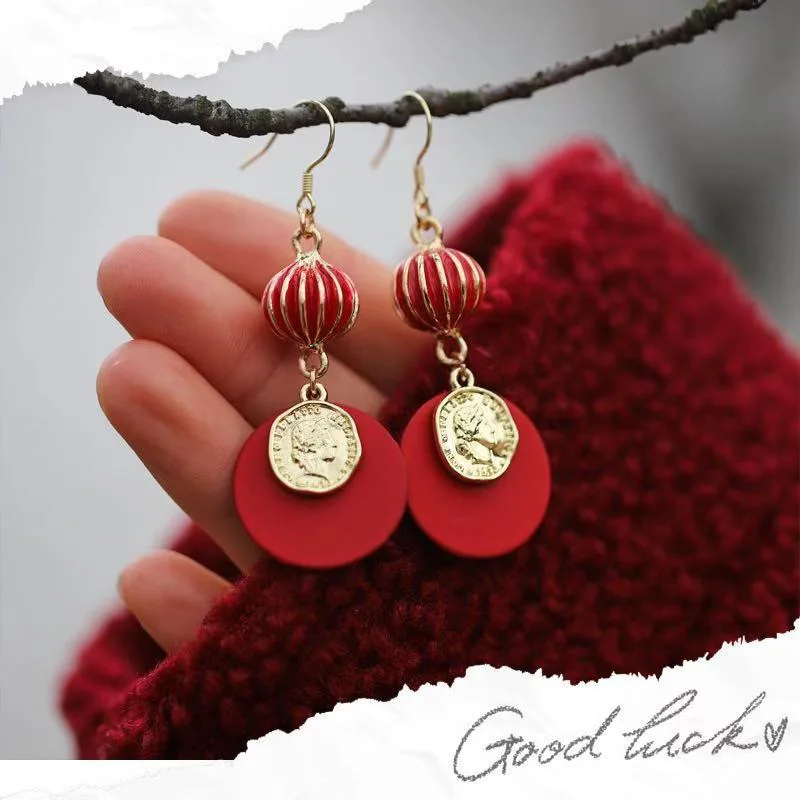 

Original design red festive new year theme earrings Chinese style lantern portrait earrings temperament earrings
