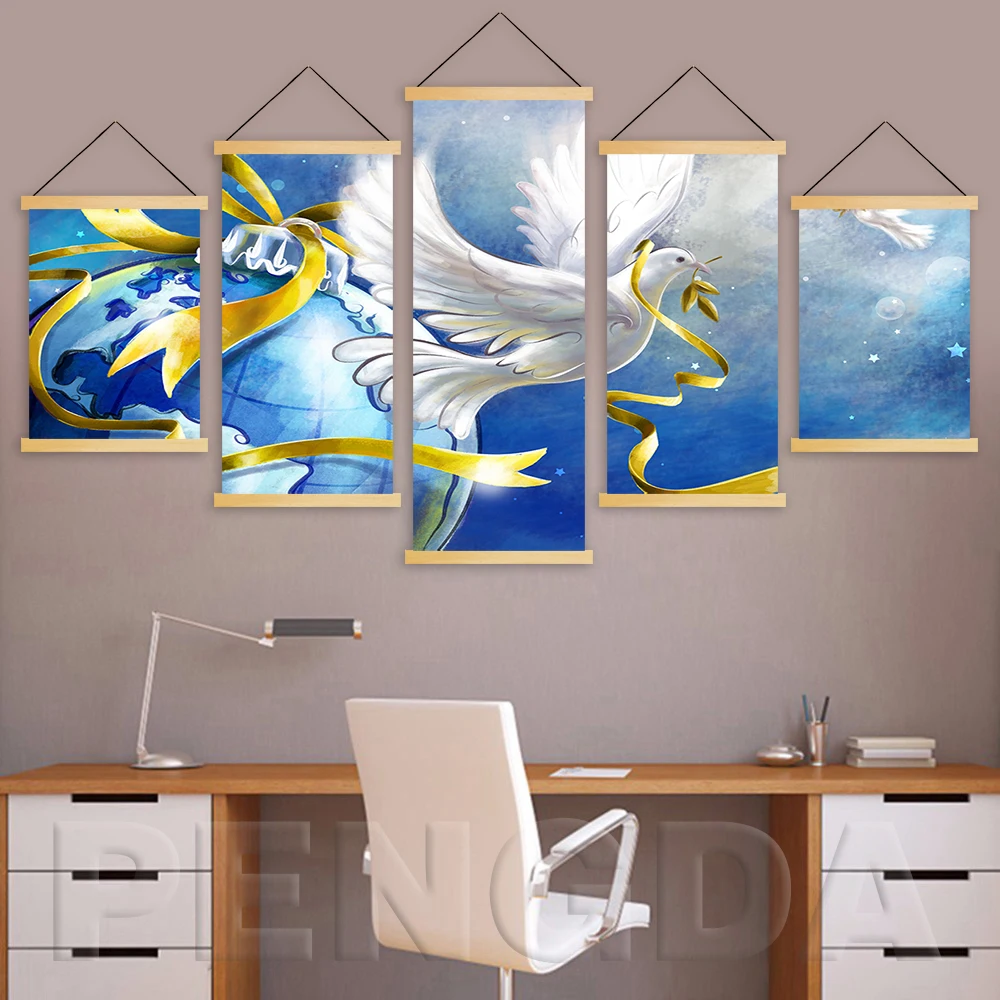 5 панельных картин на холсте в скандинавском стиле лента виде голубей шары