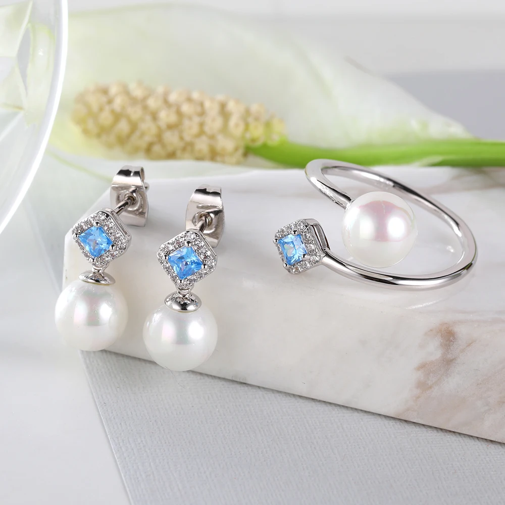 

2021 New Arrival Blue Green Zircon Pearl Earrings Ring Jewelry Set For Women High Quality Fashion Enhance The Charm For Women