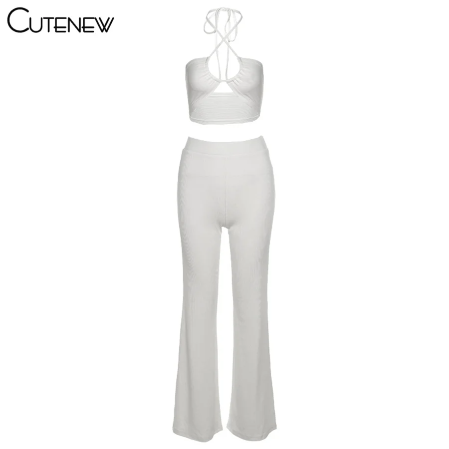 

Cutenew Summer Solid Two Pieces Sets Womens Outfits Sexy Backless Halter Crop Tops + High Waist Pants Set Cusual Lady Streetwear