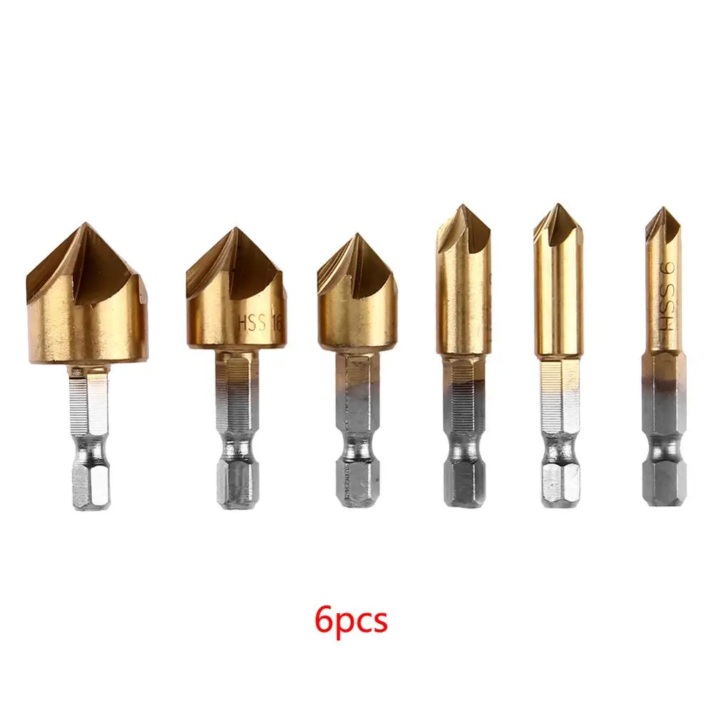 90 Degree 6pcs 5/6 шт. HSS фаски Зенковка фаски сверло шестигранный хвостовик 82/90 градусов древесины фаски Резак 6 мм-19 мм - Цвет: 90 Degree 6pcs