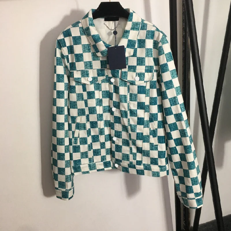 

luxury design high-end contrast color lattice fashion wome long sleeve denim coat temperament Lapel single breasted denim shirt