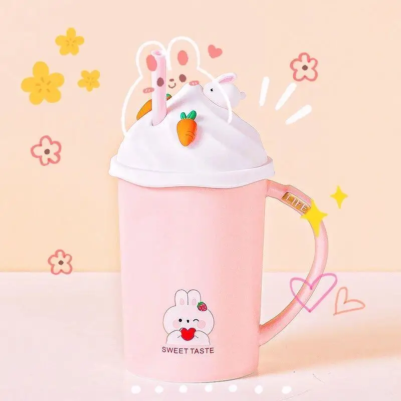 

1pcs Student Strawberry Mug with Food Grade Straw with Lid Drinking Tea and Coffee with Straw Christmas Mugs Cold Cup