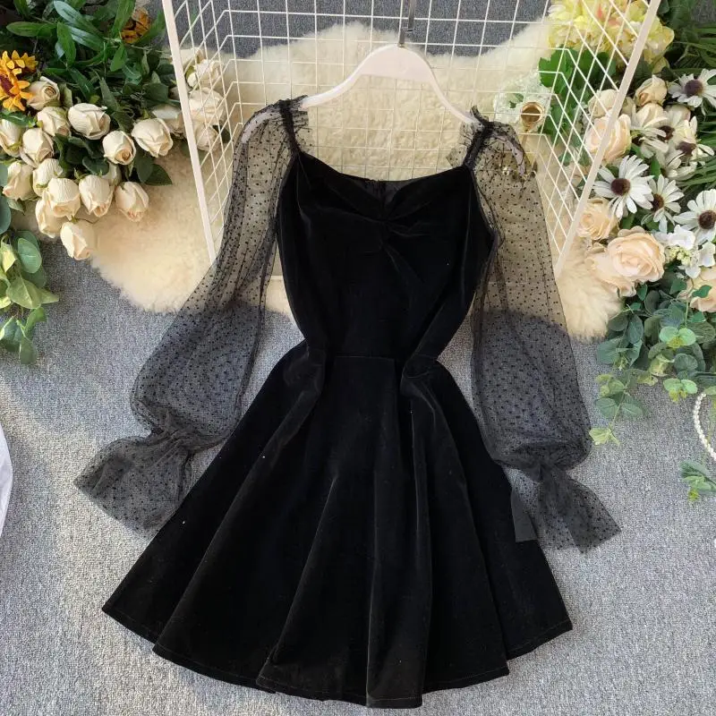 2019 Новое модное женское французское Ретро Сетчатое бархатное платье с пышными