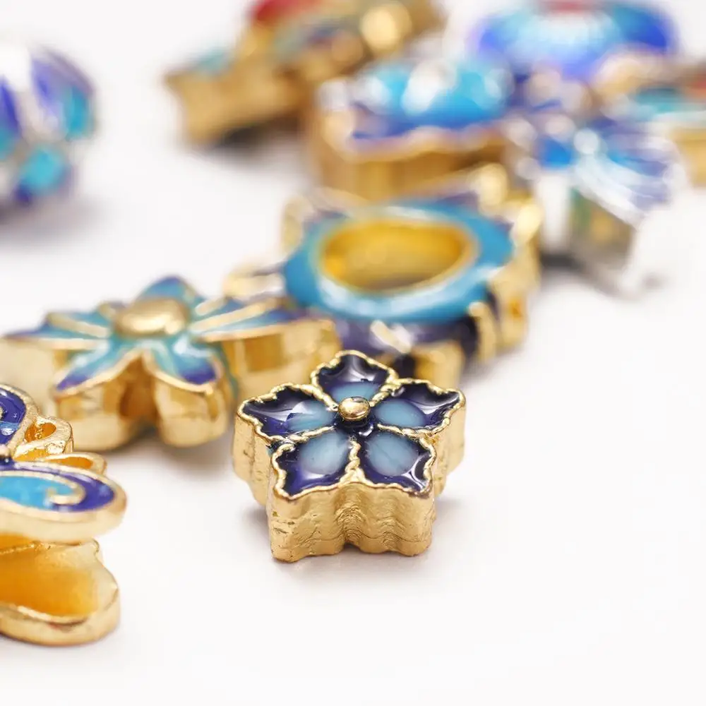 Эмалированные синие Бусины подвески с лотосом 2 шт. Перегородчатые цветы для