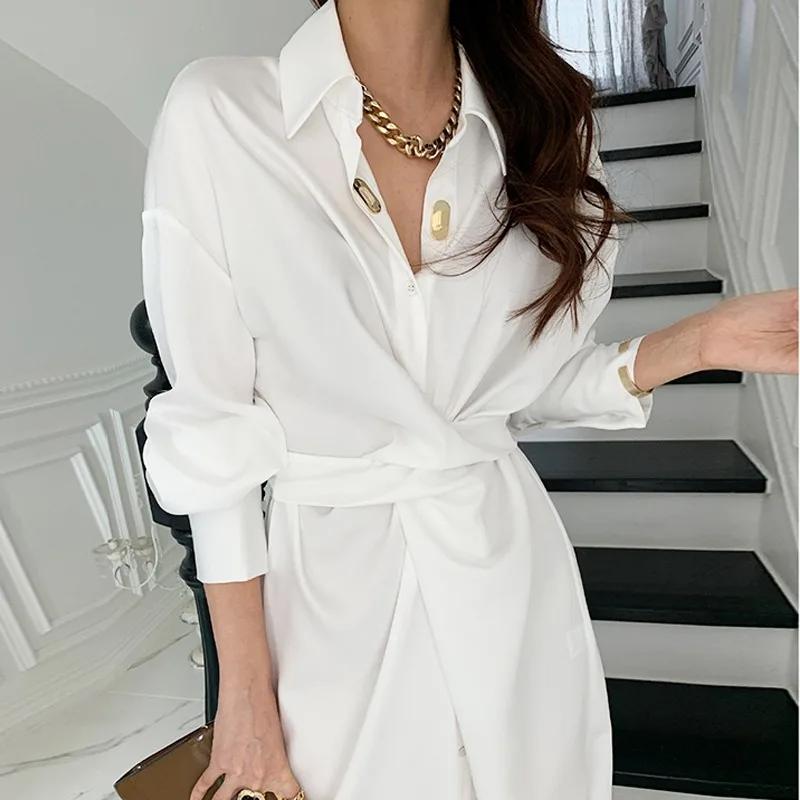 Новинка Весна 2021 женское шикарное шифоновое платье рубашка средней длины в