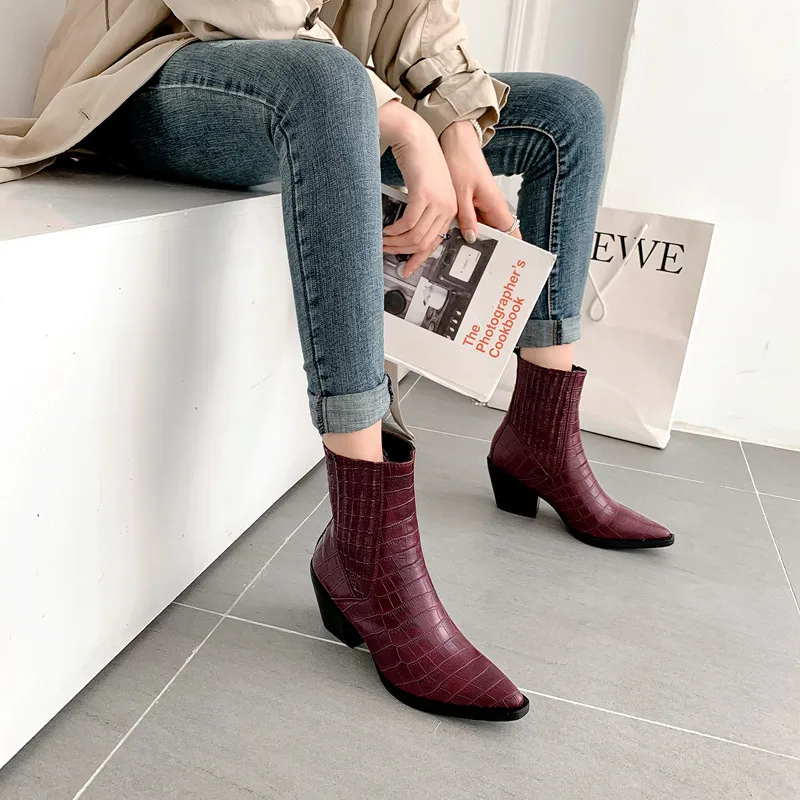 Женские ковбойские ботильоны из ПУ кожи с острым носком