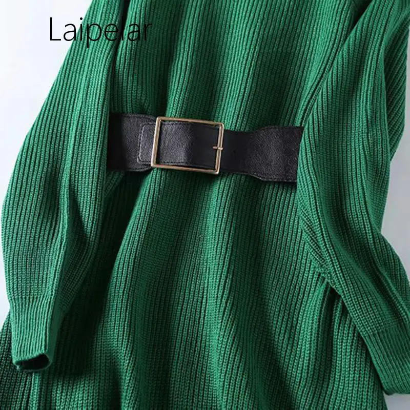 

Autumn Winter Dress Women High Neck Sweater Dresses Simple Fashion Solid Color Long Sleeve Knit Dress With Waistband 2019 New