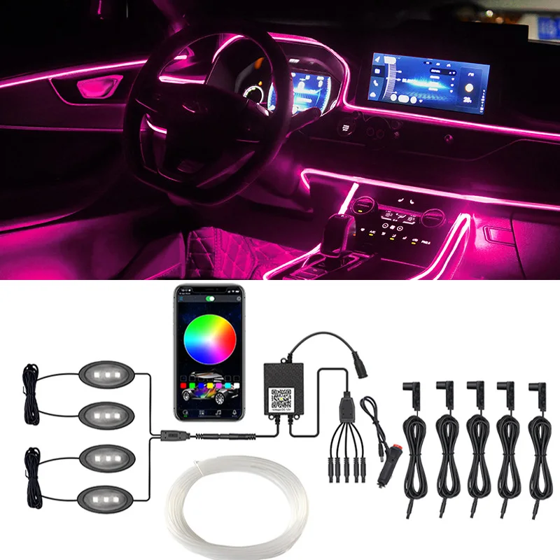 

12V Car Atmosphere LED Strip Lights RGB Multiple Modes App Sound Control Auto Interior Decorative Ambient Neno Lamp For Car