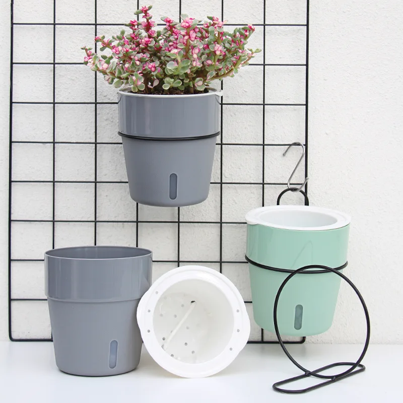 

Gardening Lazy Flower Pot Wall Hanging Iron Simple Iron Frame Self Absorbing Small Flower Pot Plastic Pots for Plants Bonsai