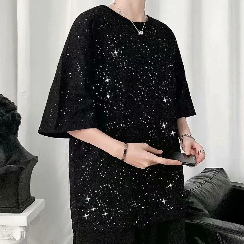 

Футболка мужская Светоотражающая хлопковая, модная повседневная тенниска с круглым вырезом, уличная одежда в Корейском стиле, свободная ру...